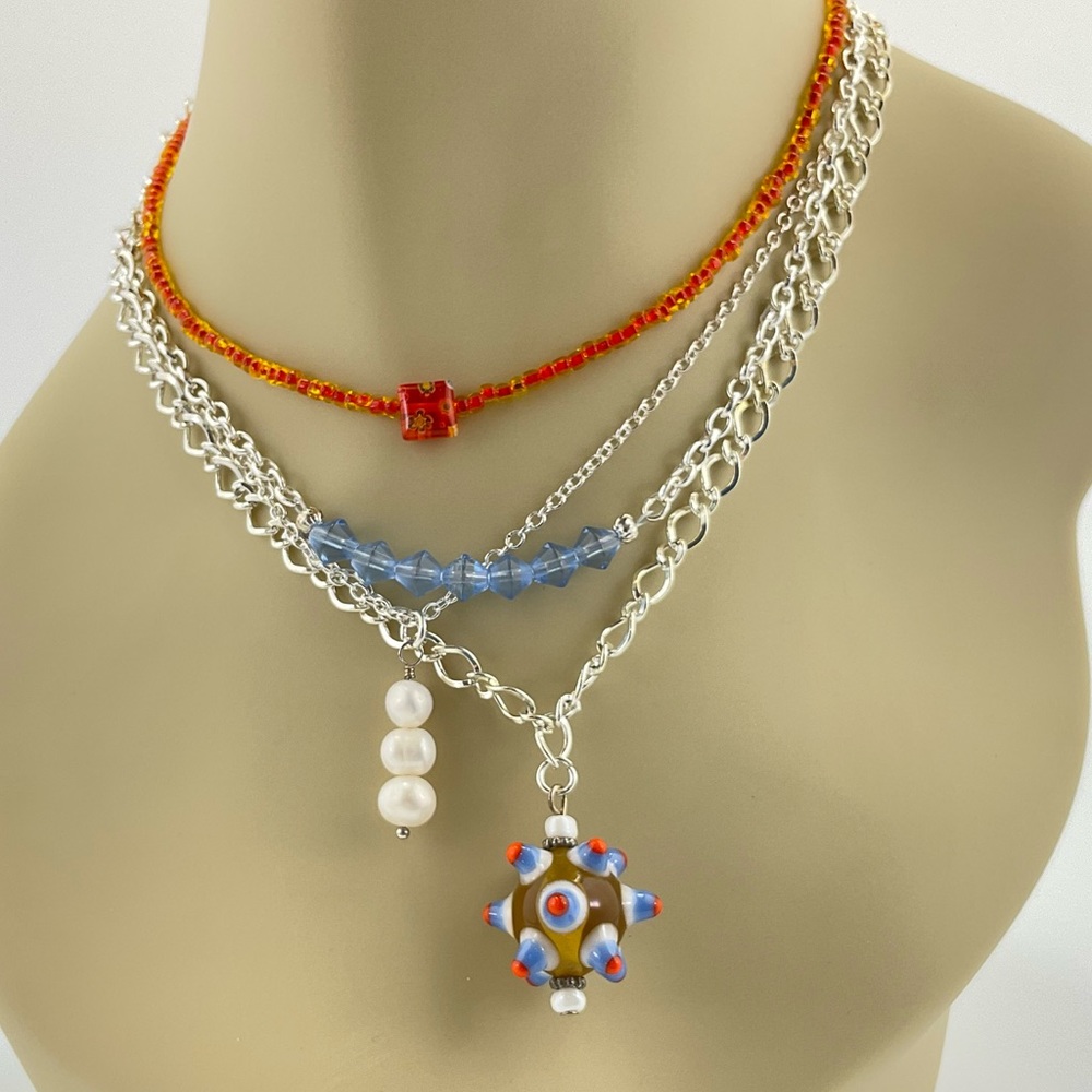 Colorful Layered Necklace Set, Handmade, Pearls, Art Glass Beads, Millefiori - Picture 2 of 8